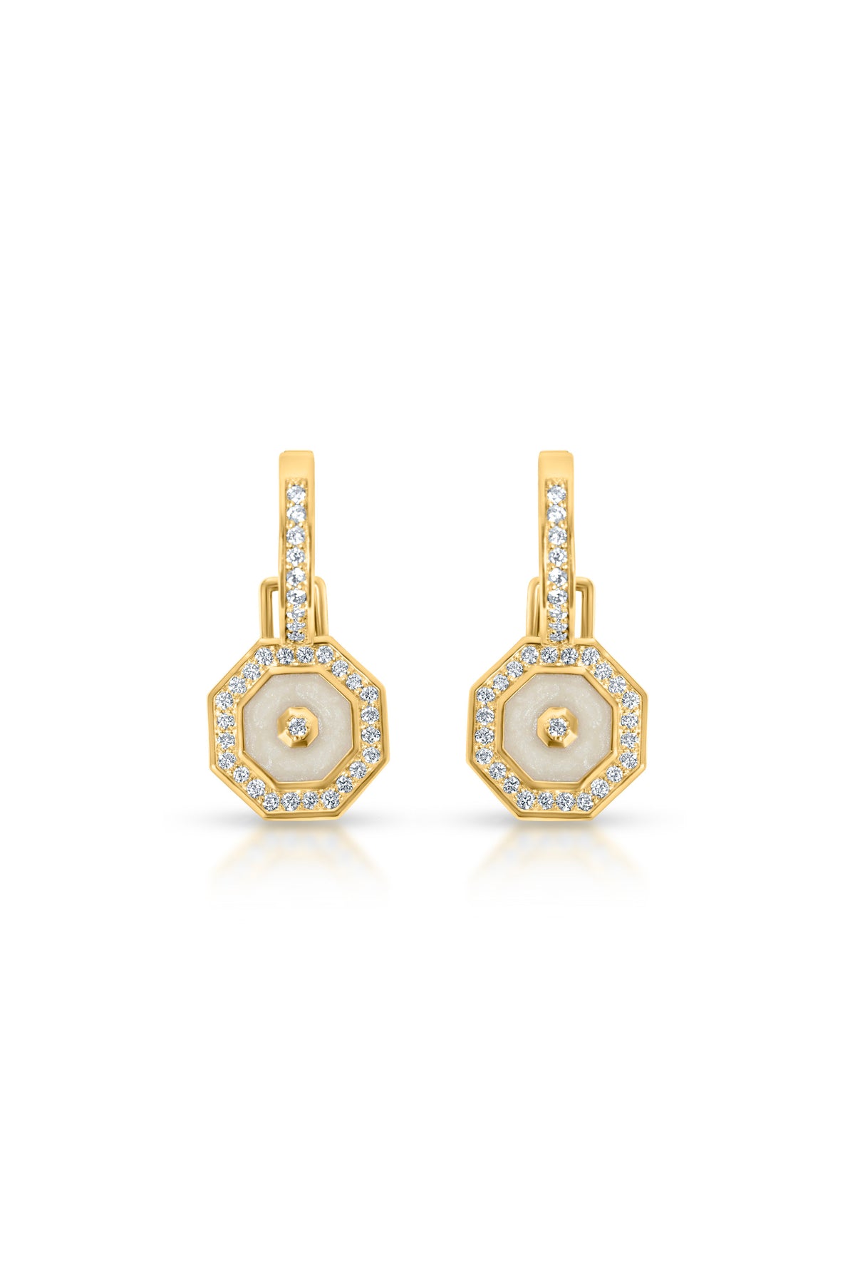 Octagon Drop Earrings, Pearlescent Enamel in 18k yellow gold — Alexander Kade