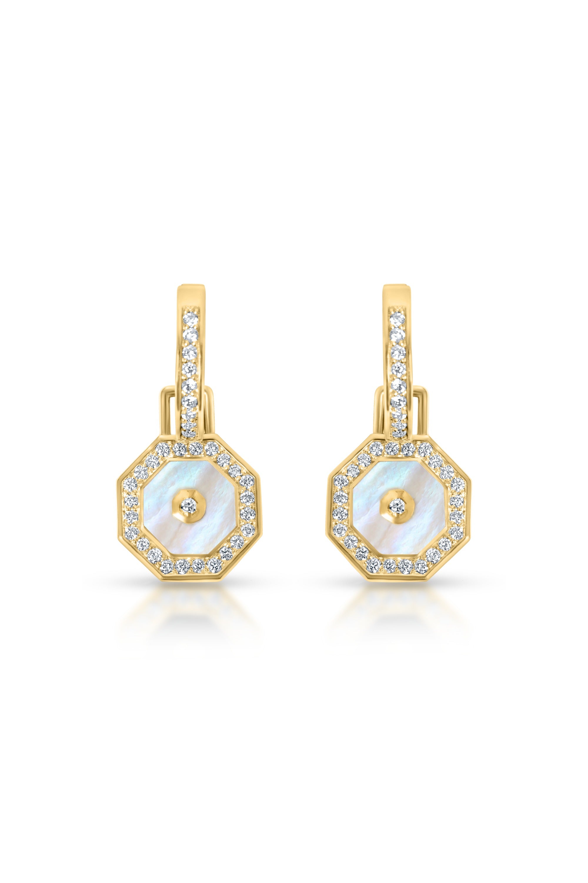 Octagon Drop Earrings, White Mother of Pearl in 18k yellow gold — Alexander Kade