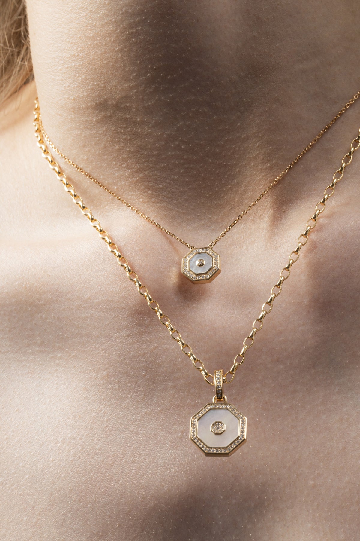 Octagon Necklace and Pendant, White Mother of Pearl, worn layered — Alexander Kade