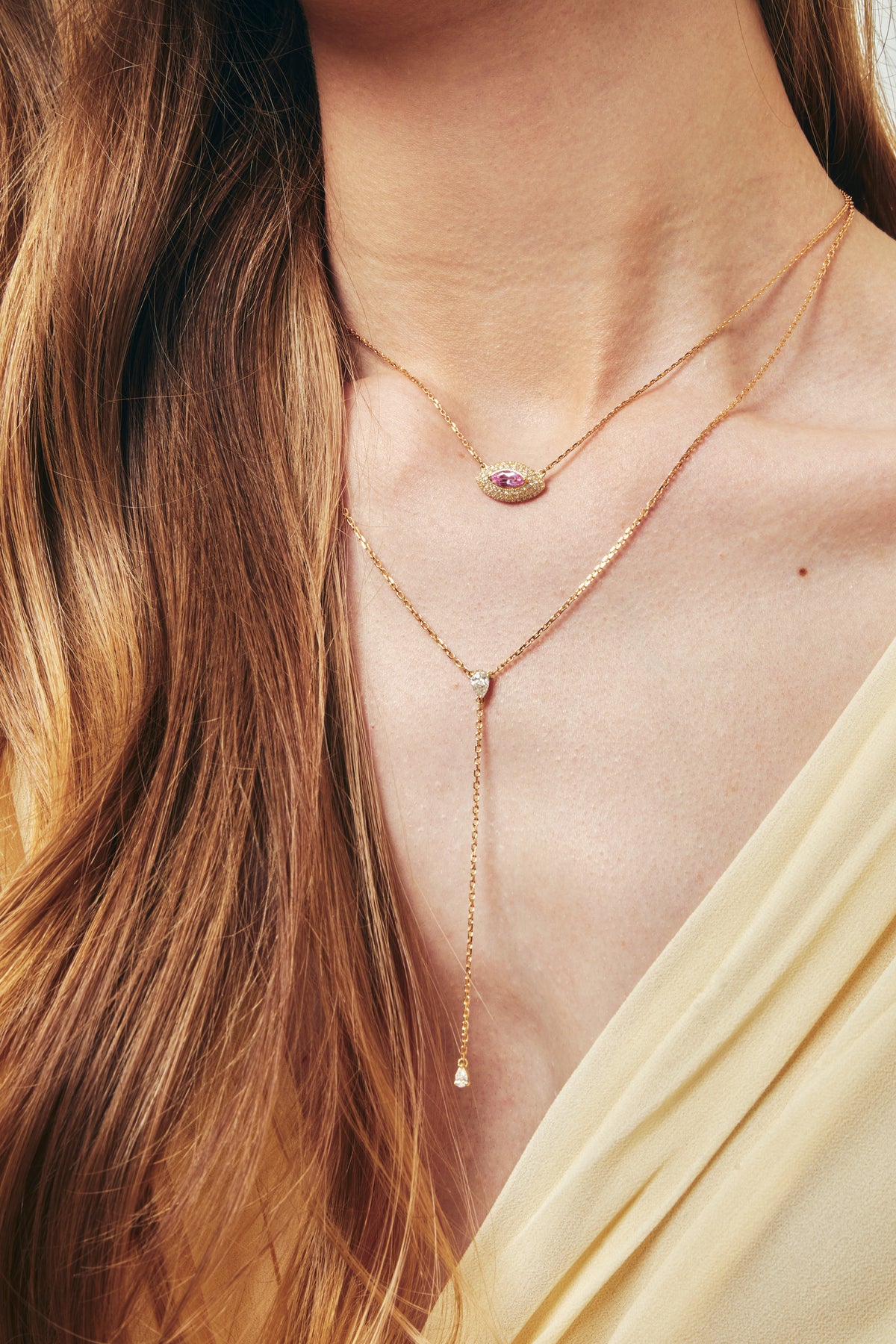 Alora Pavé Necklace, Pink Sapphire layered with the Alora Lariat, worn
