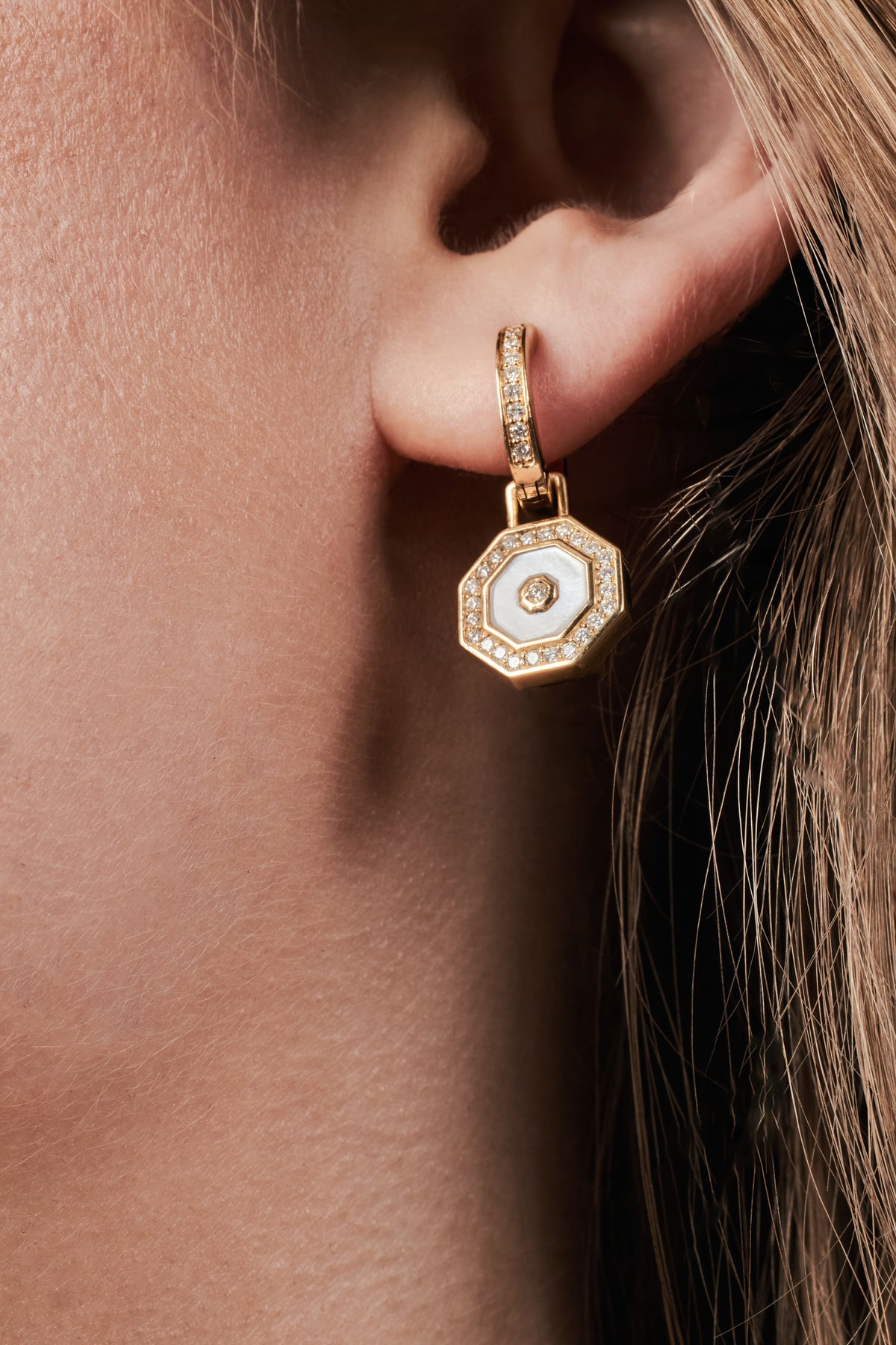 Octagon Drop Earrings, Pearlescent Enamel worn on the ear