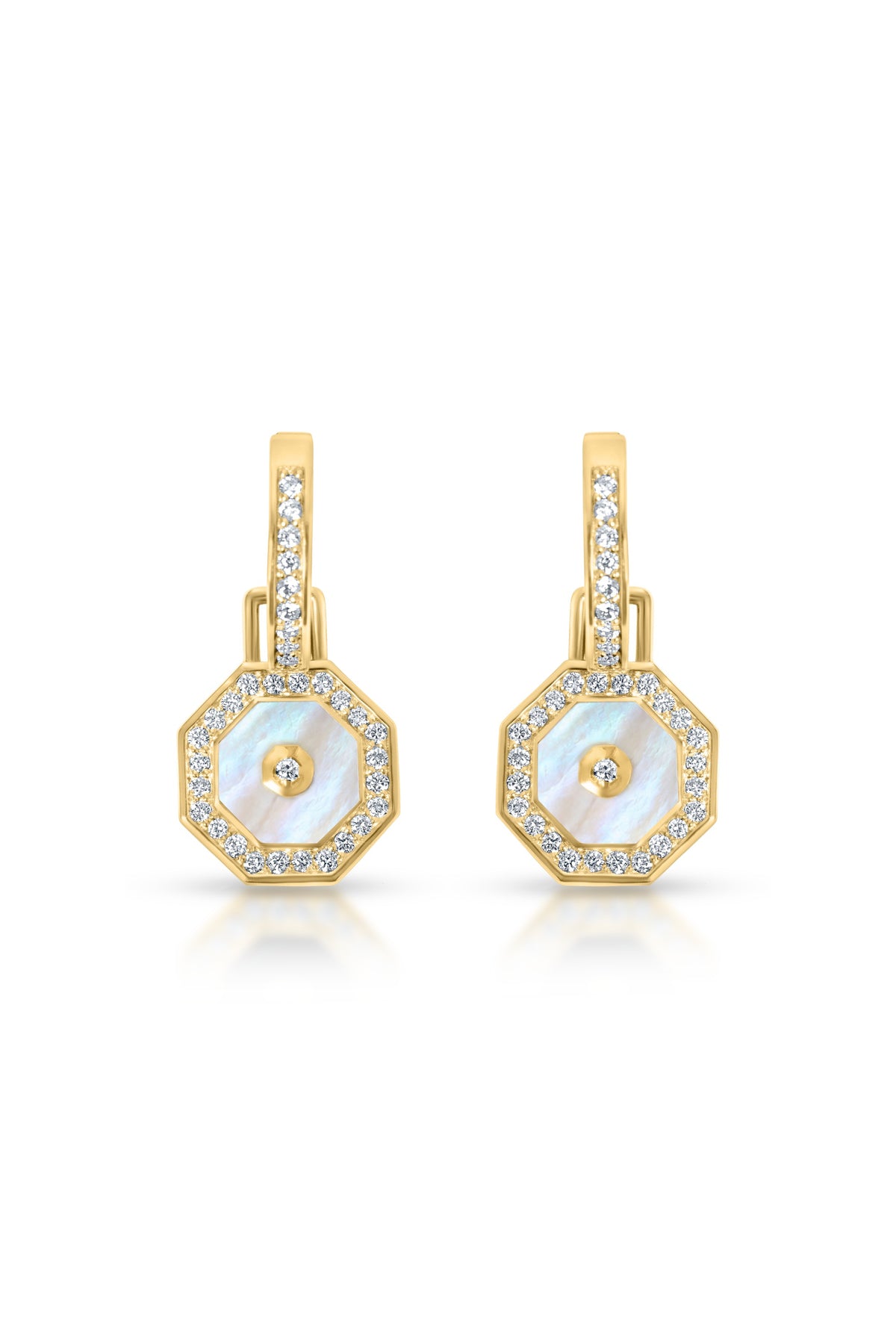 Octagon Drop Earrings, White Mother of Pearl in 18k yellow gold — Alexander Kade