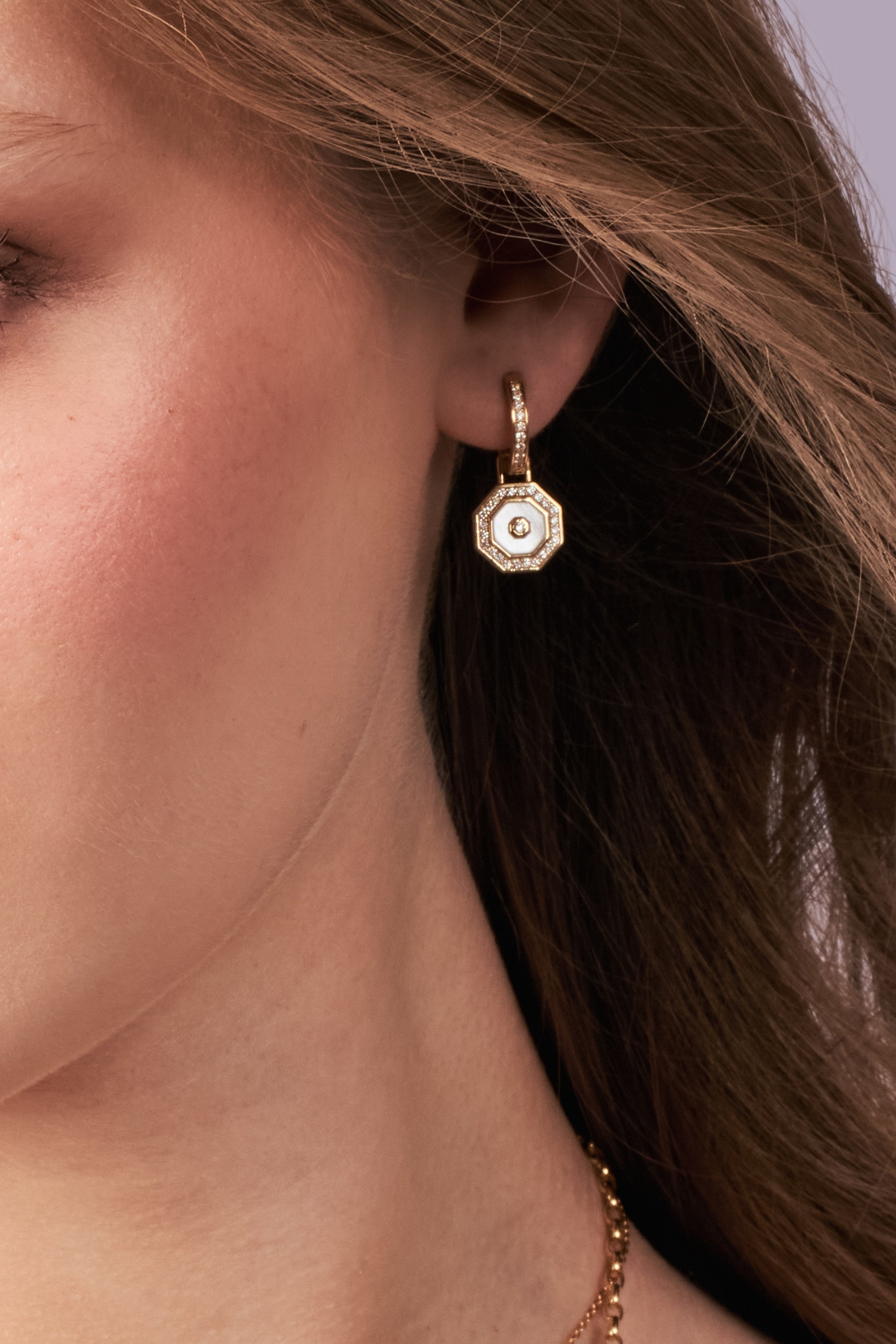 Octagon Drop Earrings, White Mother of Pearl worn on the ear