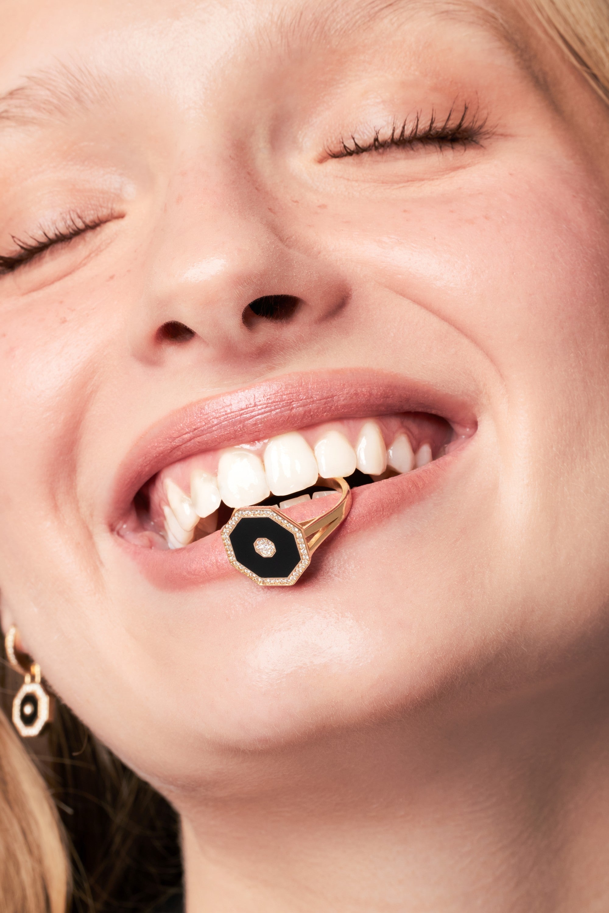 Octagon Ring, Black Enamel worn on the hand